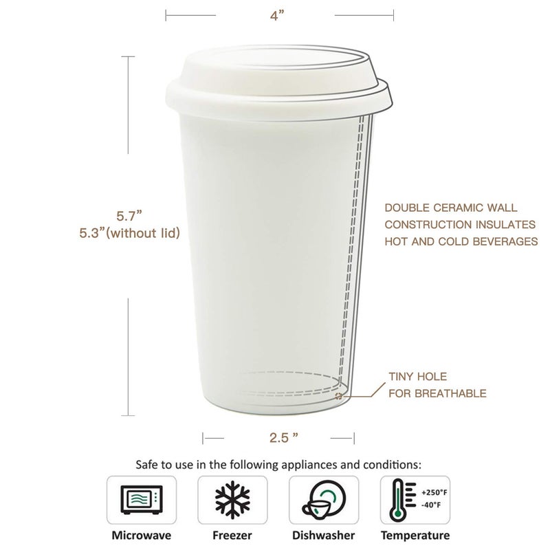 UDMG Reusable Double Wall Insulated White Ceramic Travel Coffee Cup with Lid & Sleeve, 12 fl.oz, I Am Not a Paper Cup - Image 3